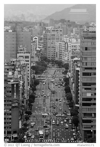 Old town center boulevard from above. Taipei, Taiwan (black and white)