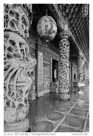 Carved stone pillars, Guandu Temple. Taipei, Taiwan (black and white)