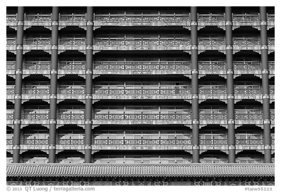 Facade detail, Grand Hotel. Taipei, Taiwan (black and white)