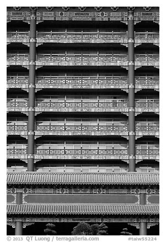 Vermilion columns and balconies, Grand Hotel. Taipei, Taiwan (black and white)