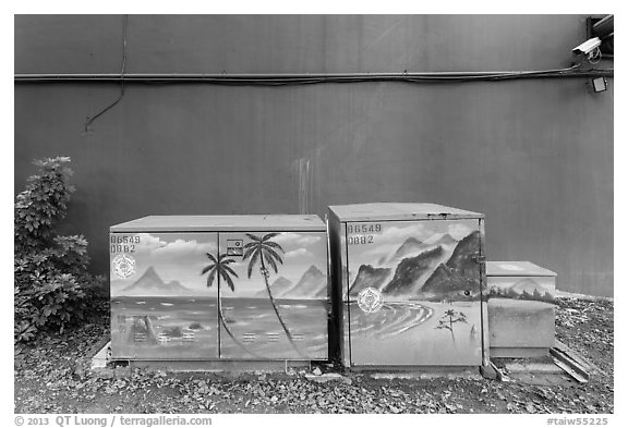 Painted electric utilities boxes with surveillance camera. Taipei, Taiwan (black and white)