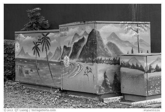 Decorated electric utilities boxes and wall. Taipei, Taiwan (black and white)