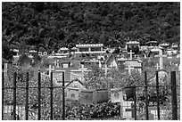 Prayer flags and graves on hillside, Chongde. Taiwan (black and white)