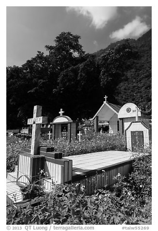 Cemetery and lush hills, Chongde. Taiwan (black and white)