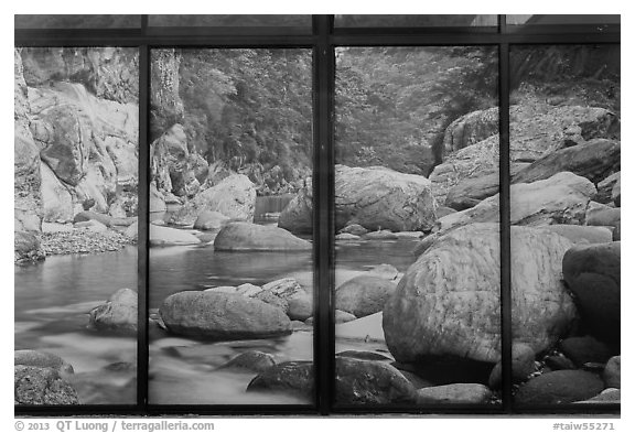 Doors decorated with landscape photographs, Visitor center. Taroko National Park, Taiwan (black and white)