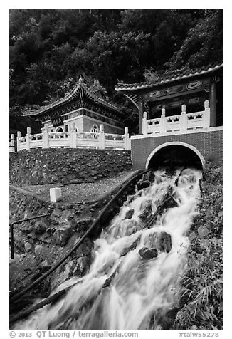 Stream and Eternal Spring Shrine, Taroko Gorge. Taroko National Park, Taiwan (black and white)