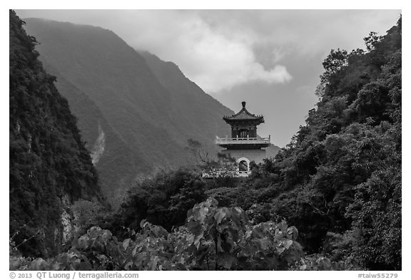 Lush mountains and Changuang Temple. Taroko National Park, Taiwan (black and white)