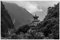 Lush mountains and Changuang Temple. Taroko National Park, Taiwan (black and white)