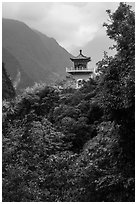 Changuang Temple nested in verdant cliffs. Taroko National Park, Taiwan (black and white)