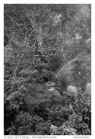 Trees, temple, and cliffs, Taroko Gorge. Taroko National Park, Taiwan (black and white)