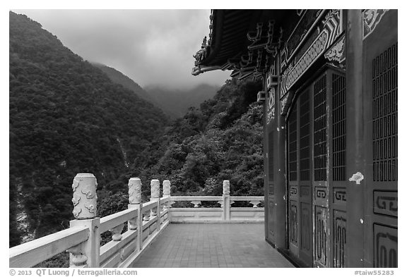 Red temple and green mountains. Taroko National Park, Taiwan (black and white)