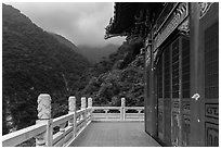 Red temple and green mountains. Taroko National Park, Taiwan ( black and white)