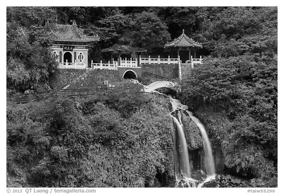 Eternal Spring Shrine and waterfall. Taroko National Park, Taiwan (black and white)