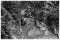 Gorge and suspension bridge, Taroko Gorge. Taroko National Park, Taiwan (black and white)
