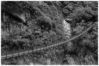 Suspension bridge with hikers. Taroko National Park, Taiwan (black and white)