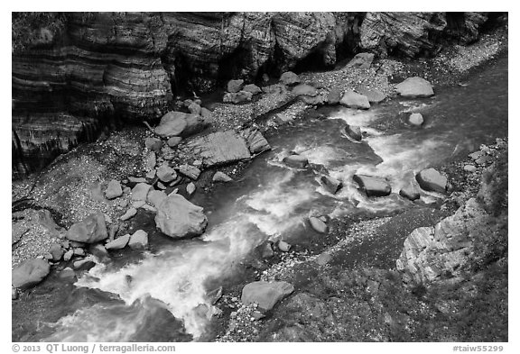 Liwu River rapids from above, Taroko Gorge. Taroko National Park, Taiwan (black and white)