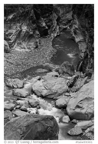 Boulders, marbled walls, and azure stream,. Taroko National Park, Taiwan (black and white)