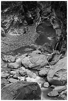 Boulders, marbled walls, and azure stream,. Taroko National Park, Taiwan ( black and white)