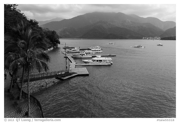 Dock and boats. Sun Moon Lake, Taiwan (black and white)