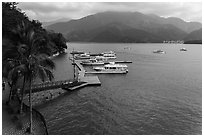 Dock and boats. Sun Moon Lake, Taiwan ( black and white)