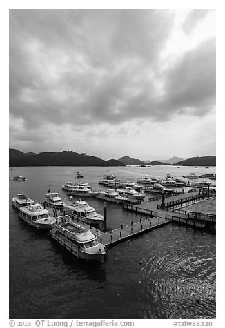 Tour boats, Shueishe Pier. Sun Moon Lake, Taiwan (black and white)
