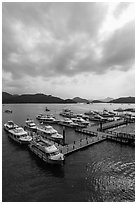 Tour boats, Shueishe Pier. Sun Moon Lake, Taiwan (black and white)
