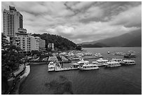 Shueishe Village waterfront and pier. Sun Moon Lake, Taiwan ( black and white)