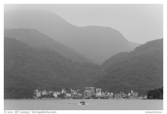 Itashao Village and mountains across lake. Sun Moon Lake, Taiwan (black and white)