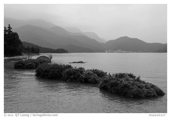 Floating gardens and misty mountains. Sun Moon Lake, Taiwan (black and white)