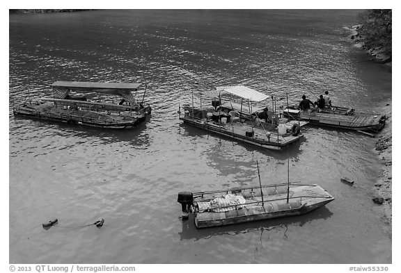 Boats and fishermen. Sun Moon Lake, Taiwan (black and white)