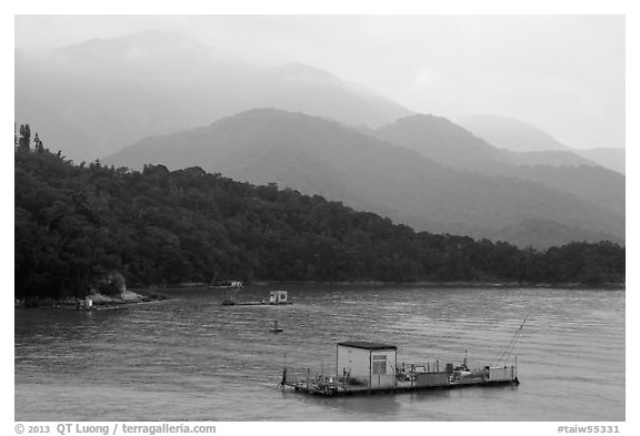 Houseboats and misty mountains. Sun Moon Lake, Taiwan (black and white)