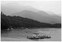 Houseboats and misty mountains. Sun Moon Lake, Taiwan (black and white)