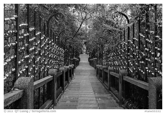 Stairs to temple lined up with blessing wind chimes. Sun Moon Lake, Taiwan