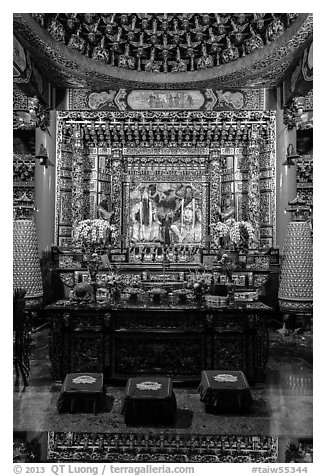 Altar in main hall, Wen Wu temple. Sun Moon Lake, Taiwan (black and white)