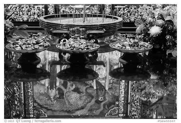 Reflections on altar table top, Wen Wu temple. Sun Moon Lake, Taiwan (black and white)