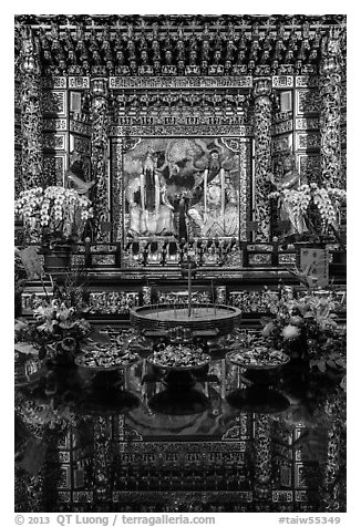 Offerings, altar and reflections, Wen Wu temple. Sun Moon Lake, Taiwan (black and white)