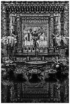 Offerings, altar and reflections, Wen Wu temple. Sun Moon Lake, Taiwan (black and white)