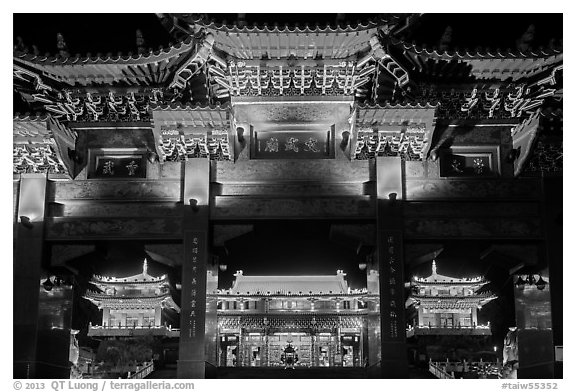 Gate and main hall at night, Wen Wu temple. Sun Moon Lake, Taiwan (black and white)