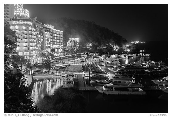 Harbor and waterfront at night, Shueishe Village. Sun Moon Lake, Taiwan