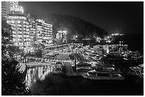 Harbor and waterfront at night, Shueishe Village. Sun Moon Lake, Taiwan ( black and white)