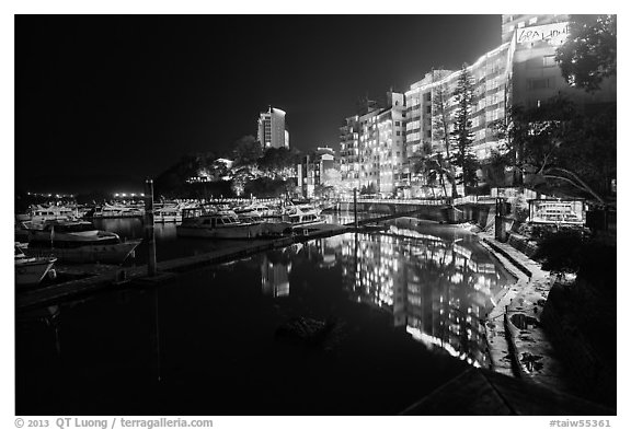 Sun Moon Lake Village and pier at night. Sun Moon Lake, Taiwan (black and white)