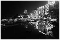 Sun Moon Lake Village and pier at night. Sun Moon Lake, Taiwan (black and white)