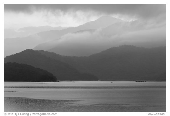 Misty mountains. Sun Moon Lake, Taiwan (black and white)