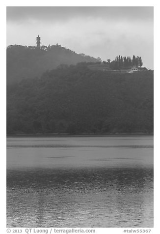 Syuanzang Temple and Tsen Pagoda in dawn mist. Sun Moon Lake, Taiwan (black and white)