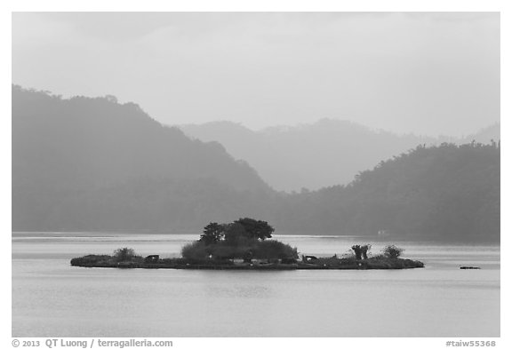 Lalu Island in early morning mist. Sun Moon Lake, Taiwan (black and white)