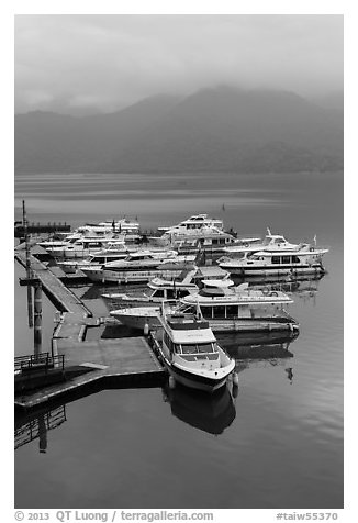 Tour boats in early morning. Sun Moon Lake, Taiwan (black and white)