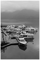 Tour boats in early morning. Sun Moon Lake, Taiwan ( black and white)