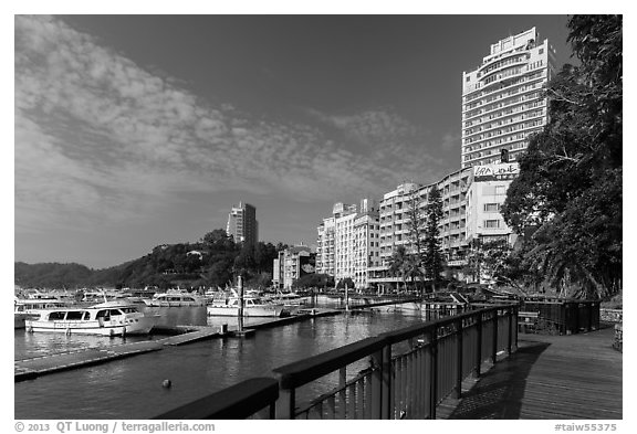 Harbor and waterfront, Sun Moon Lake Village. Sun Moon Lake, Taiwan (black and white)