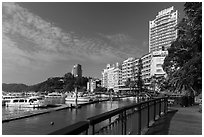 Harbor and waterfront, Sun Moon Lake Village. Sun Moon Lake, Taiwan (black and white)