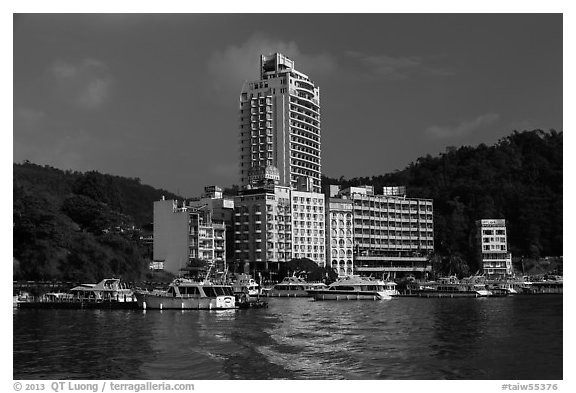 Shueishe Village seen from the lake. Sun Moon Lake, Taiwan (black and white)